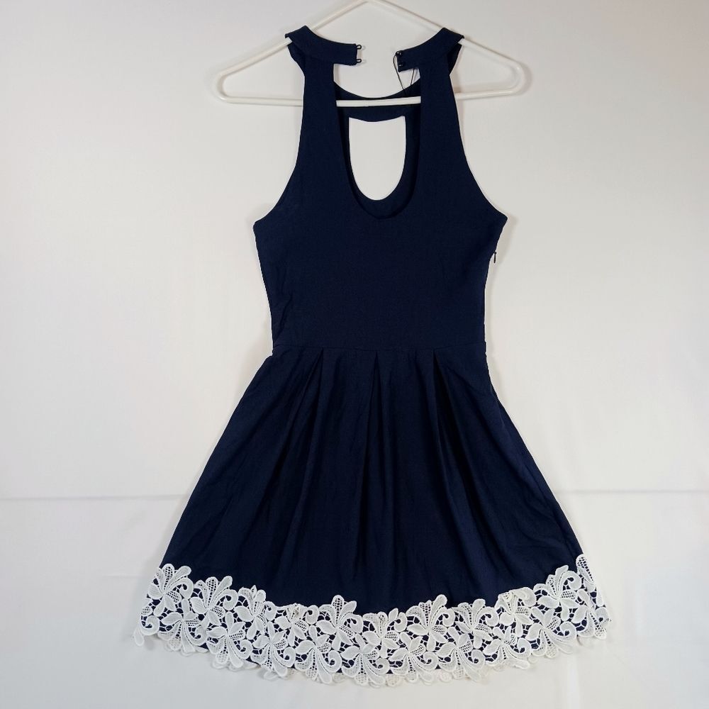 Halter Mini Dress Fit Flare Special Event Stretch Skater Navy White Lace Size S - Picture 7 of 11